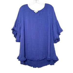 Umgee Linen Cotton Top L Blue Boho Raw Edge Hi Low Hem Short Sleeve
